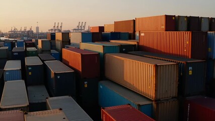 Cargo containers stacked in port at sunset - Powered by Adobe