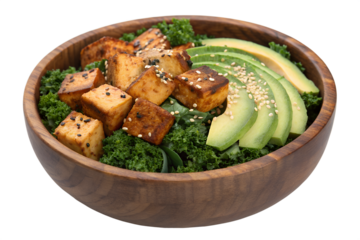 Delicious and Nutritious Bowl with Tofu, Avocado, and Kale in a Wooden Bowl, Promotes Healthy Living
