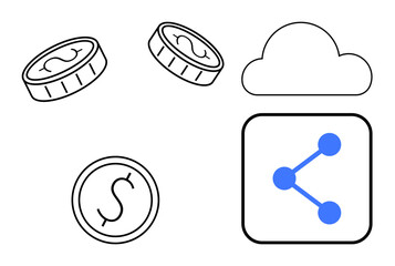 Money coins, cloud element, and sharing network icon symbolize digital transactions, cloud storage, and connectivity. Ideal for finance, technology, e-commerce, cryptocurrency networking fintech