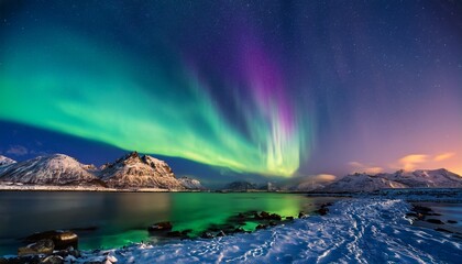 Naklejka premium stunning aurora borealis with vibrant hues illuminating the night sky ideal for celestial and scenic designs