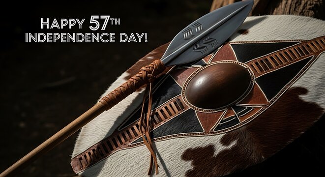 Close-up of a spear resting on a traditional shield, celebrating the 57th Independence Day.
