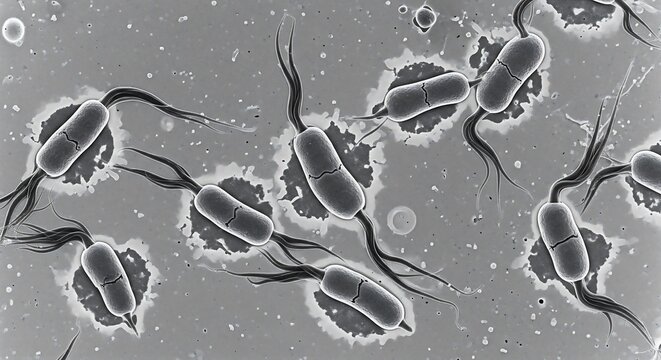 High-magnification electron micrograph showcasing motile, rod-shaped bacteria with numerous peritrichous flagella for propulsion