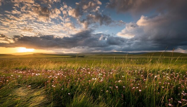 expansive grassland under a dramatic cloudy sky in late afternoon light with wildflowers and tall grass swaying gently - Powered by Adobe