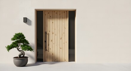 Contemporary Home Exterior Design with a Minimalist Wooden Door and Potted Bonsai Tree, Emphasizing Biophilic and Warm Minimalism Architectural Trends.
