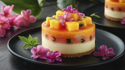 Delicious layered cake with fresh mango and passion fruit, adorned with flowers.