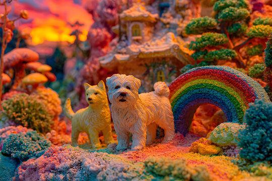 Dog and cat themed paradise where pets run and play n beautiful rainbow-colore fairy garden, ethereal cluds, and sunshine. After dath, animals live with thebelief that life continueson after.