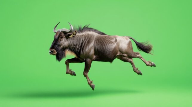 Agile wildebeest leaping against a vivid green background