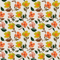 Seamless autumnal leaves pattern vector illustration with vibrant fall foliage design Exotic hand drawn flowers seamless pattern. Floral for fabric, textile, clothing, wrapping paper, covers, banners