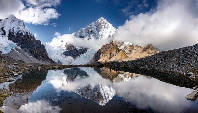reflecting on majestic peaks amidst a cloudy backdrop at high altitude during an adventurous climb generative ai - Powered by Adobe
