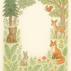 Forest animals and plants illustration frame, warm fairy-tale style background