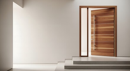 Fototapeta premium Contemporary Interior Design with Modern Wooden Door and Minimalist White Walls, Capturing a Welcoming Home Entrance with Natural Light and Architectural Detail.