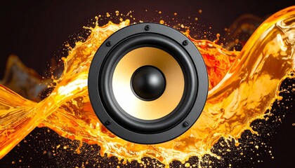 A vibrant speaker cone, highlighted by dynamic orange liquid splashes, creates a powerful audio visual representation.