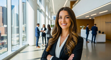 Fototapeta premium Confident businesswoman smiles in modern office, professional team and corporate success