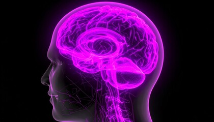 Fototapeta premium A detailed anatomical rendering of the human brain and nervous system, highlighting intricate structures in a vibrant purple hue.