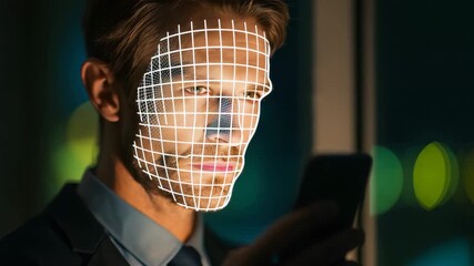 Caucasian man in business suit using smartphone for facial recognition scanning with digital biometric grid overlay, futuristic blue and green tones, ideal video for cybersecurity, fintech - Powered by Adobe