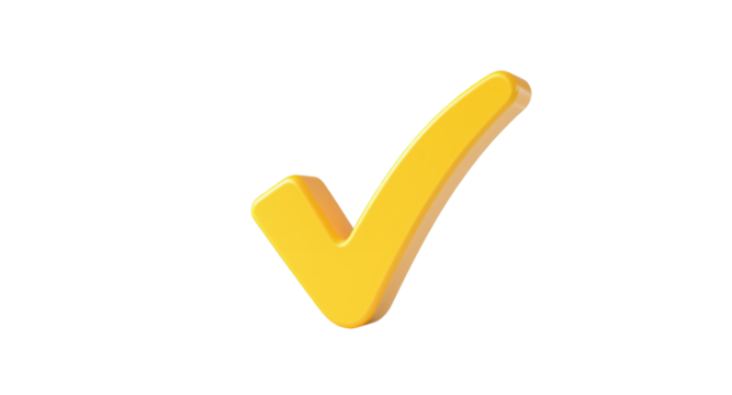 3D Rendered Yellow Check Mark Symbol, Approved, Yes, Correct, Isolated on White Background
