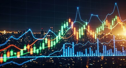 Naklejka premium Vibrant cityscape illuminated by dynamic financial market trading charts at night
