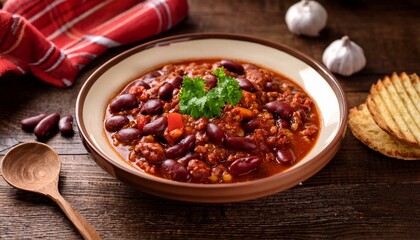 a bowl of chili con carne with kidney beans on a rustic wooden table