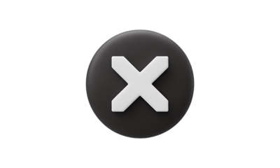 A 3D Rendered Close Up of an X Mark on a Black Circle, Isolated on White.