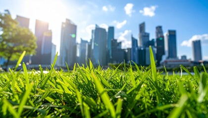 Obraz premium Lush green grass meets modern city skyline, a vibrant urban oasis under a sunny sky, perfect for eco concepts