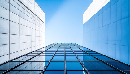 Stunning upward view of modern glass office buildings against vibrant blue sky, architectural achievement