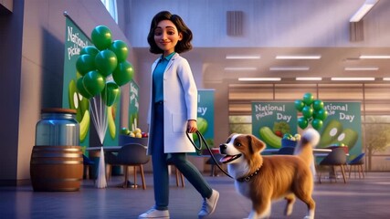 Veterinarian walking with dog at national pickle day event
