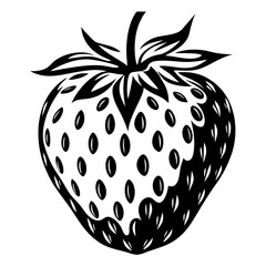 Black and White Strawberry Illustration with Detailed Seeds and Leafy Crown
