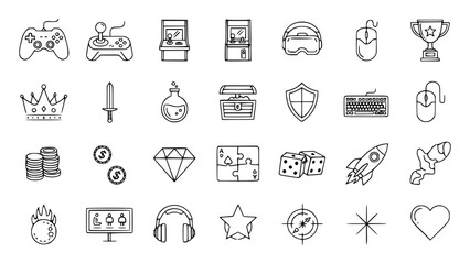 Fototapeta premium Modern Gaming Icons Collection: Outline Vector Elements for Digital Design, UI, Streaming, and Video Game Projects