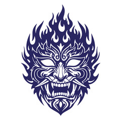 Fototapeta premium Intricate illustration of a japanese oni mask with flames in dark blue color scheme