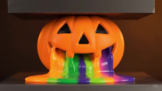 Pumpkin stress ball crushed by hydraulic press, glowing candy liquid flows out in glossy streams, satisfying detail