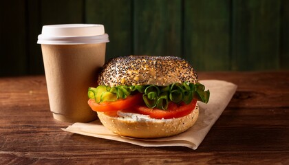 vegetarian bagel sandwich with lettuce tomato in sesame bun served with a coffee to go on rustic wooden background