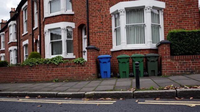 Large Wheeled Trash and Recycling Bins Waiting on Pavement for Collection
