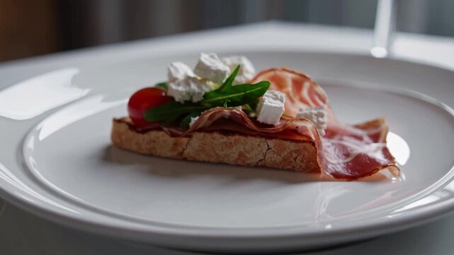 Artisanal Open-Faced Sandwich Garnished with Cured Ham and Crumbled Cheese on Plate