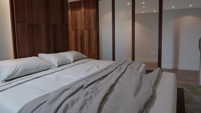 Elegant sleeping chamber interior design featuring storage cabinet and timber wall cladding, Computer-Generated ry.