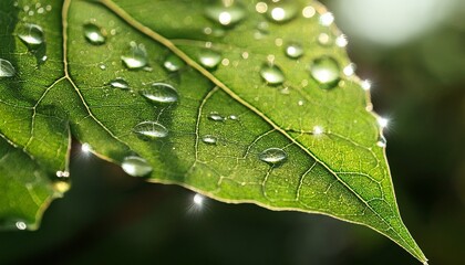 Fototapeta premium close up of a leaf with water droplets reflecting light