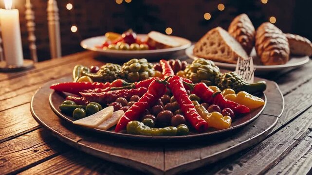 Assortment of mixed tapas and antipasti appetizer dishes arranged on aged wooden table for New Year's Eve celebration gathering