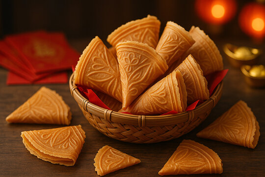 Kueh Kapit &ndash; Traditional Chinese New Year Love Letter Biscuits in Woven Basket