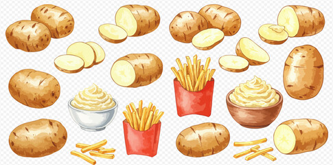 A watercolor illustration set of raw potatoes, whole and sliced, with prepared french fries and mashed potatoes.