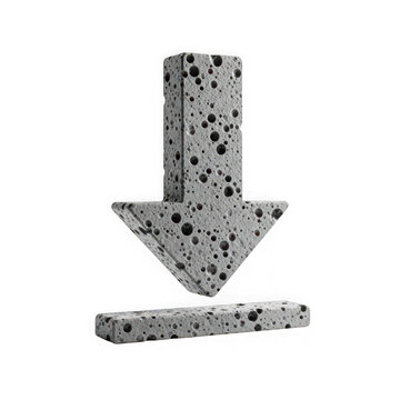 3d icon of a textured gray arrow pointing down, made of porous material, isolated on transparent background
