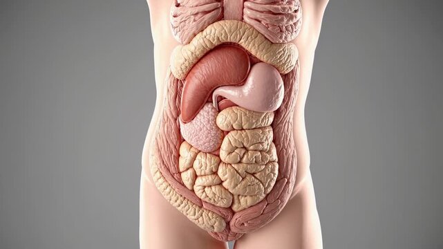 Anatomical model revealing internal organs, highlighting digestive system components including stomach, liver, intestines, and pancreas, providing detailed educational resource for medical studies