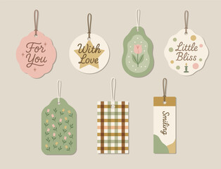 Set of decorative tags with text floral and geometric patterns illustration