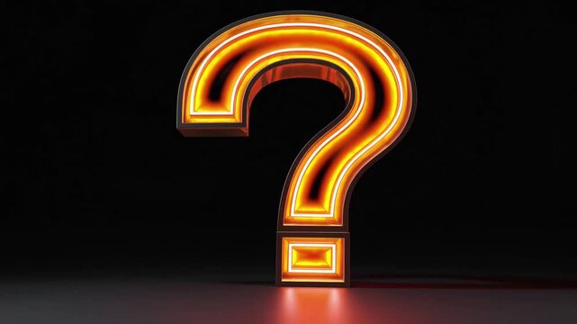 Illuminated bright futuristic orange neon interrogation point symbol on dark backdrop