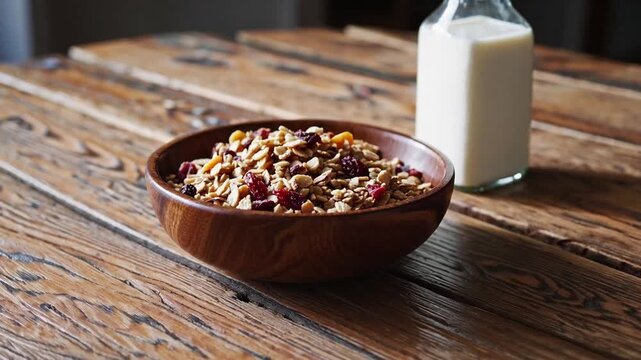 Homemade cooked healthy granola for breakfast in wooden bowl on the table and near bottle of milk. Place for text. Fitness food, snack Homemade cooked healthy granola for breakfast in wooden bowl on 