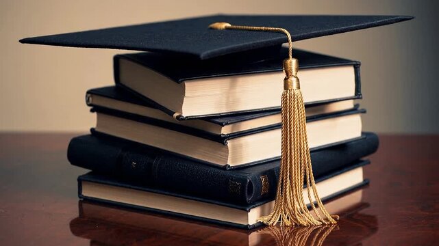 The Symbolism of Academic Achievement Represented by Classic Graduation Cap Placed Upon Stack of Books
