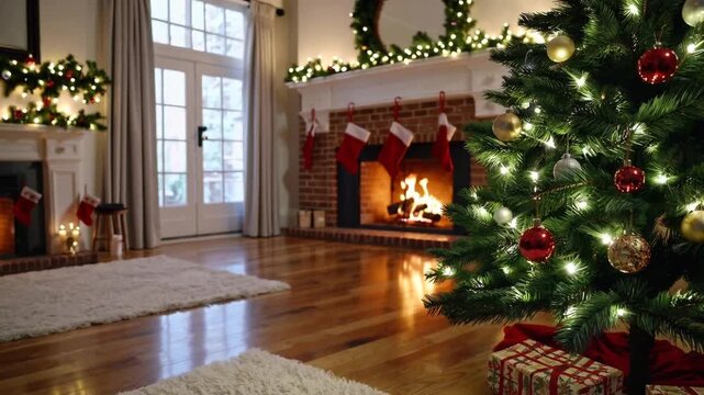 Customary festive adornments inside dwelling including conifer tree laden with ornaments and hearth with scarlet stockings