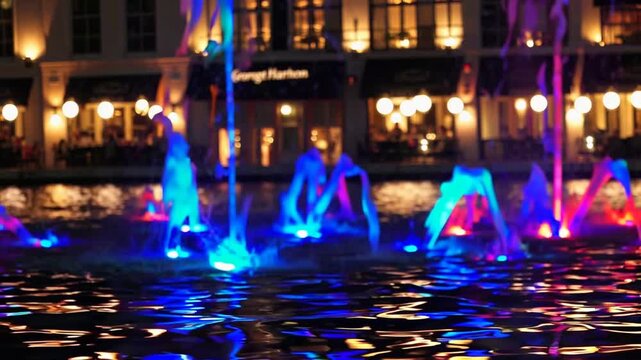 Tight shot of illuminated multi-hued water feature during evening hours at waterfront dining district