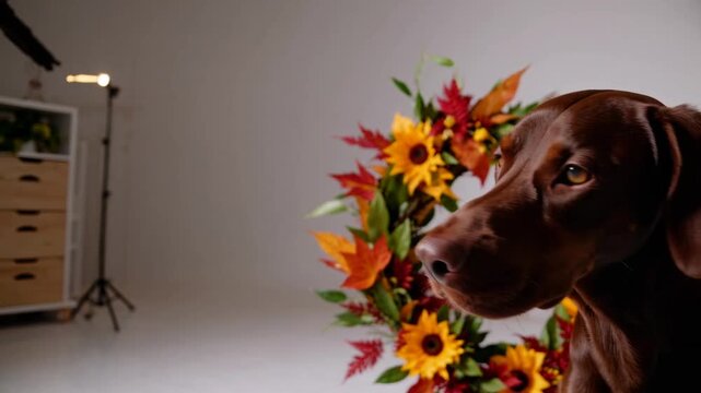 Adorable canine companion and attractive circular arrangement of fall foliage