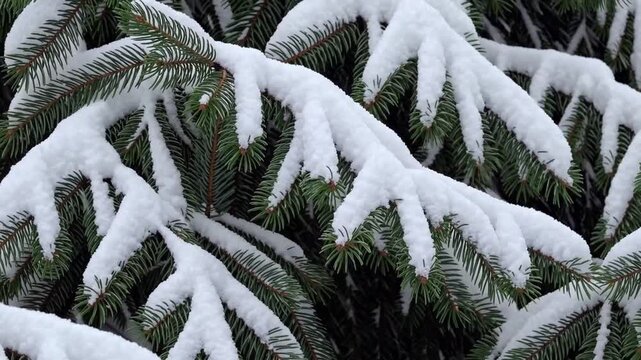 Falling snow and snowflakes texture over evergreen pine tree branches as winter Christmas background