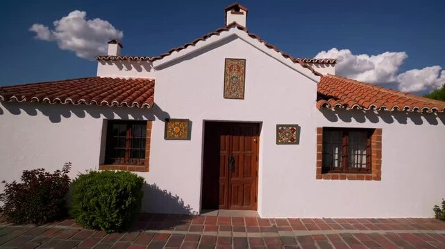 Expansive fields of helianthus and rustic dwelling with terracotta roofing