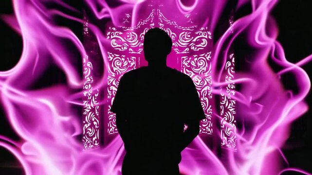 man standing in front of gate with pink light
